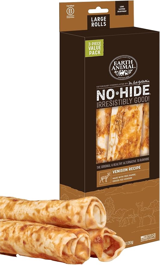 Earth Animal No-Hide Rolls Venison Recipe Large Natural Rawhide Alternative Dog Chews | 3 Count Pack of 1