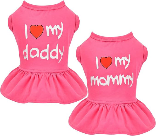 Dog Dresses for Medium Dogs Girl, 2-Pack Pink Clothes Small Girl Summer I Love My Mommy Daddy Puppy Dress Shirt Lightweight Pet Outfit Cat Apparel(Pink)
