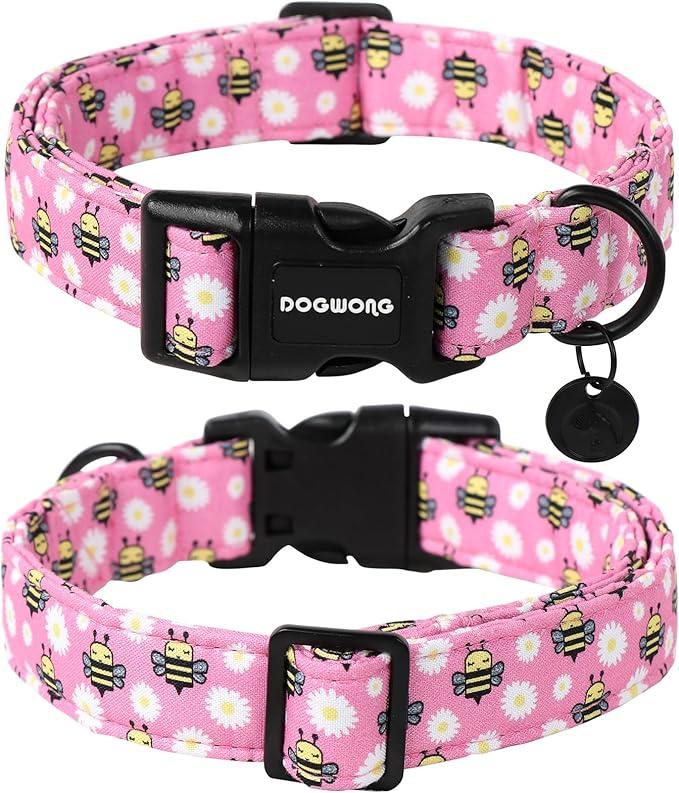DOGWONG Pink Dog Collar, Female Dog Collar Durable Soft Natural Fabric Pet Girl Dog Collar Cute Daisy Puppy Necklace for Small Medium Large Dog