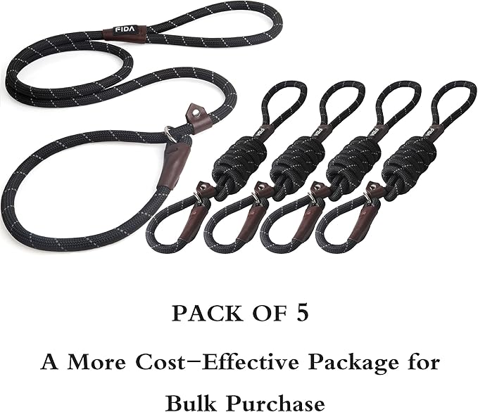 Fida Durable Slip Lead Bulk Pack of 5, Heavy Duty 1/2" x 6 FT Comfortable Strong Rope Slip Leash for Large, Medium & Small Dogs No Pulling Pet Training Leash with Highly Reflective Strips (Black)