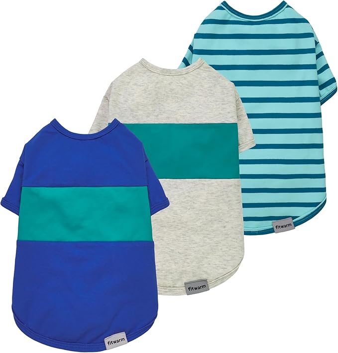 Fitwarm 3 Pack Color Block Striped Dog Shirt, Summer Dog Clothes for Small Dogs, Breathable Lightweight Pet Tshirt with Sleeves, Cat Outfit, Royal Blue, Gray, Teal, Small