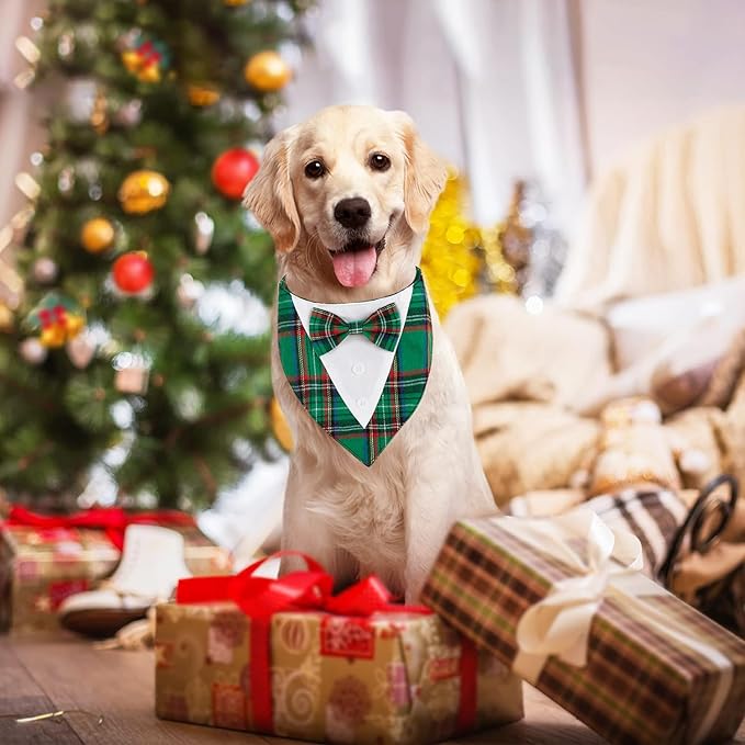 Adjustable Green Plaid Christmas Dog Tuxedo Bandana with Bow Tie - Holiday Pet Outfit Costume for Dogs XS to XL