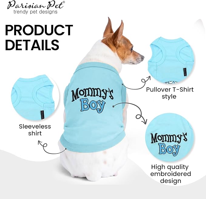 Parisian Pet Dog T-Shirt with Embroidered 'Mommy’s Boy' Words - 100% Cotton Boy Dog Clothes - Breathable Mamas Boy Dog Shirt - Machine Washable Dog Shirt for Large Dogs, L