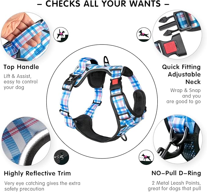 PoyPet Plaid Dog Harness, No Pull Front Clip Pet Vest Harness, Soft Padded Reflective Adjustable Walking Harness with Handle for Large Medium Small Dogs(Checkered Blue, L)