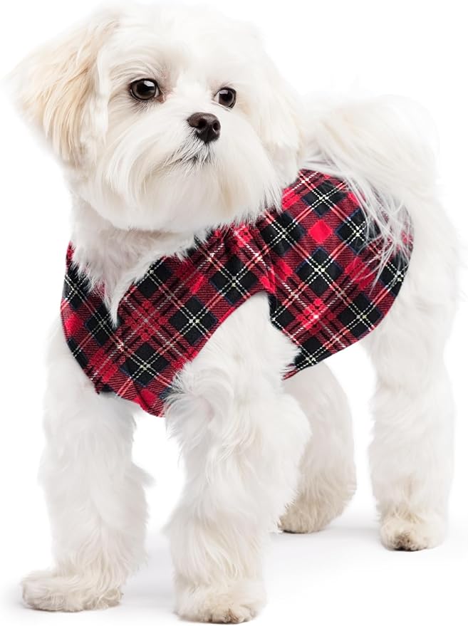 Stretch Fleece Dog Coat, Stretchy Pet Sweater, Machine Washable Pullover for Winter and Fall, Red Classic Plaid, 8