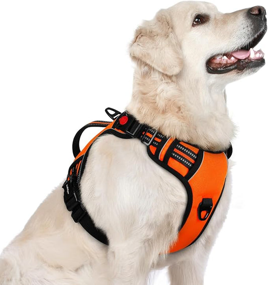 rabbitgoo Dog Harness for Large Dogs, No Pull Pet Harness with Soft Padded Handle, Adjustable Reflective Vest with 3 Buckles, Easy Walking Harness with 2 Leash Clips, Orange, L