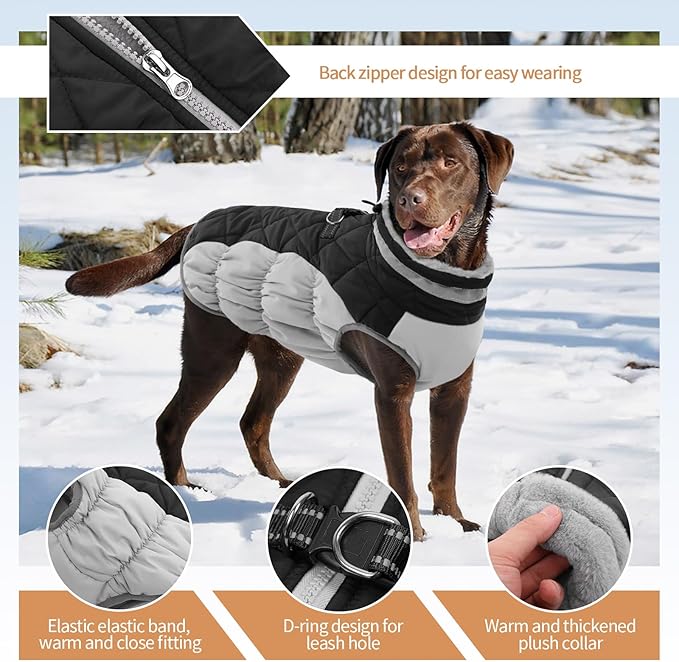 Winter Dog Coat,Large Dog Jacket,Waterproof Pet Jacket with Back Zipper,Pet Coat with Harness Built in,Warm Dogs Coat with Fleece Lined,Snow Jacket Clothes French Bulldog Shiba Inu,Black,L