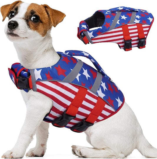 Kuoser American Flag Dog Life Vest for Swimming Boating, Adjustable High Visibility Dog Life Vest with High Flotation Swimsuit
