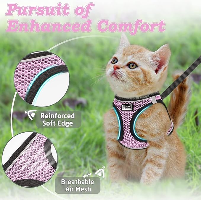 Cat Harness and Leash for Walking Escape Proof, Adjustable Kitten Vest Harness Reflective Soft Mesh Puppy Harness for Outdoor, Comfort Fit, Easy to Control (Lpink, S)