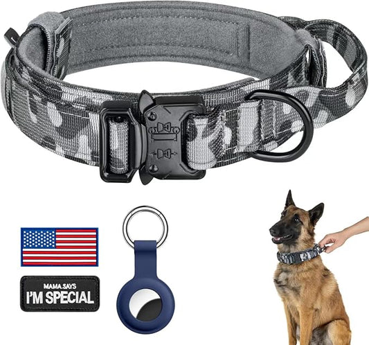 DAGANXI Tactical Dog Collar, Adjustable Military Training Nylon Dog Collar with Control Handle and Heavy Metal Buckle for Medium and Large Dogs, with Patches and Airtags Case (S, Camo)