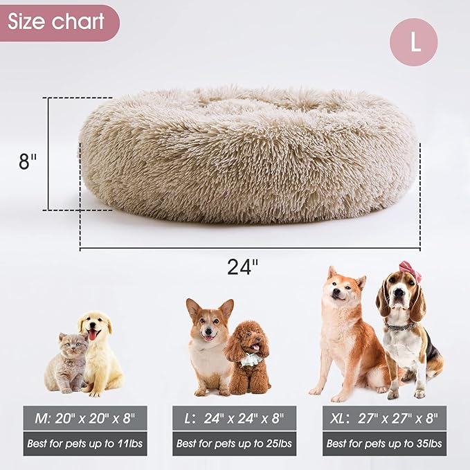 Calming Dog Bed & Cat Bed, Anti-Anxiety Donut Cuddler Warming Cozy Soft Round Bed, Fluffy Faux Fur Plush Cushion bed for Small Medium Dogs and Cats (20"/24"/27"/30")