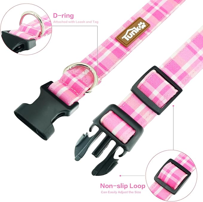 Tunkoo Pink Plaid Dog Collar, Cute Adjustable Premium Cotton Collar Durable Plastic Buckle for Small Medium Large Boys Girls Dogs, M