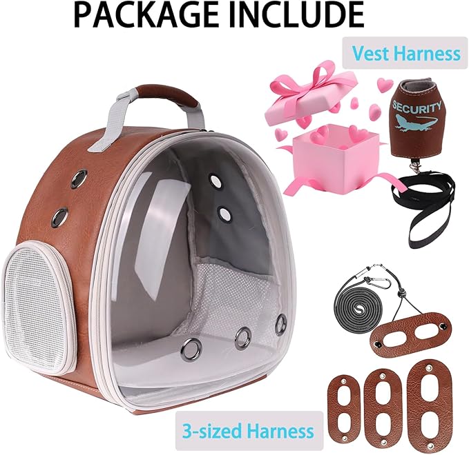 Bearded Dragon Carrier Backpack with Two Security Printing Harness with Leash Sets, Reptile Lizard Travel Bag to Carry and Transport Small Animal Kitten Bunny Guinea Pig to Vet(Brown, PU Leather)