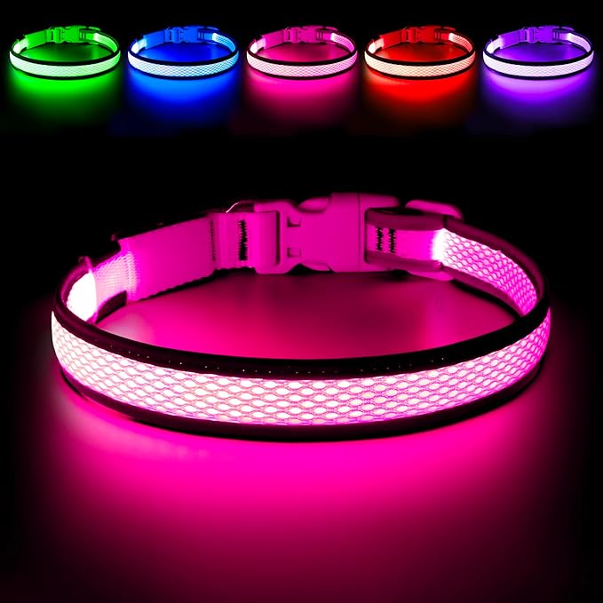 Flashseen LED Dog Collar, USB Rechargeable Light Up Dog Collar Lights, Adjustable Comfortable Soft Mesh Safety Dog Collar for Small, Medium, Large Dogs(Small, Candy Pink)