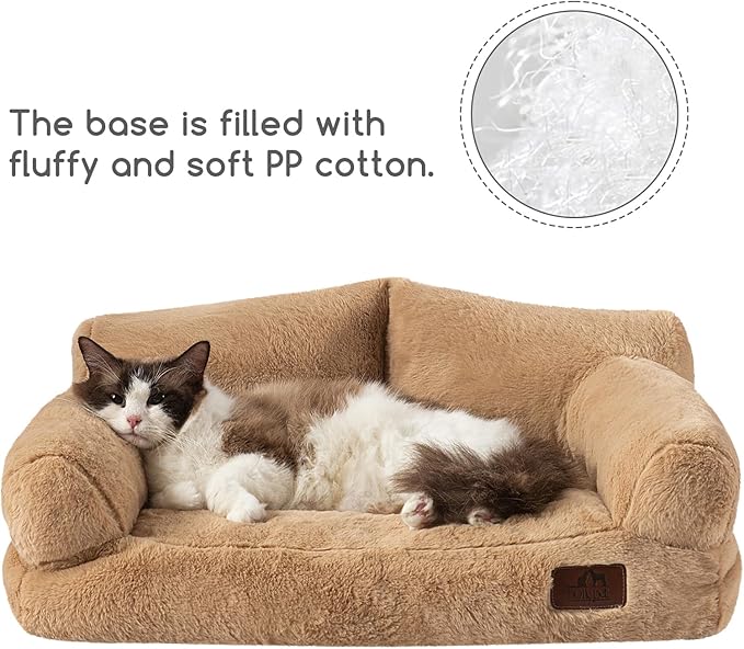 Hollypet Fluffy Plush Pet Dog Cat Couch Soft Calming Pet Sofa Bed for Medium Small Cats and Dogs, Light Brown