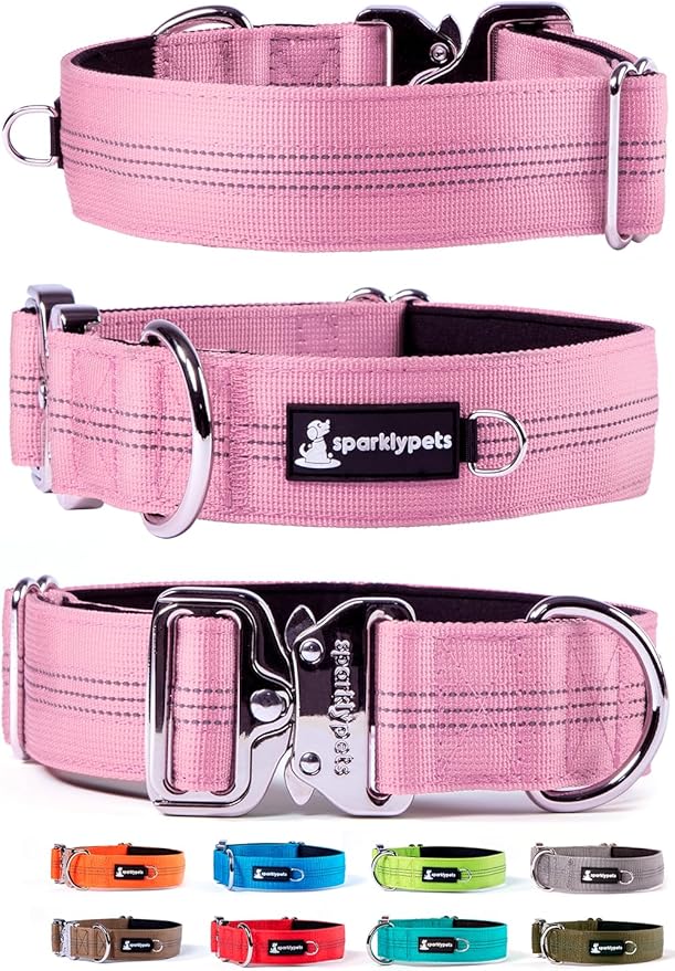 SparklyPets Heavy Duty Wide Dog Collar with Quick Release Chrome Buckle – Thick Tactical Dog Collar with Reflective Stripes & Soft Lining – for Large & Medium Breeds