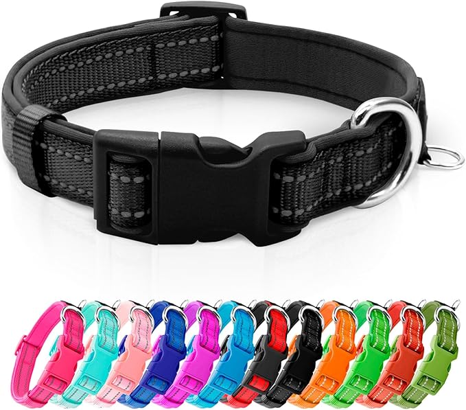 azuza Reflective Dog Collar,Soft Neoprene Padded Pet Collar with ID Tag Ring,Adjustable for Large Dogs,Black,L