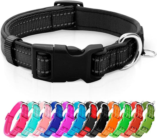 azuza Reflective Dog Collar, Soft Neoprene Padded Pet Collar with ID Tag Ring, Adjustable for Small Dogs,Black,S