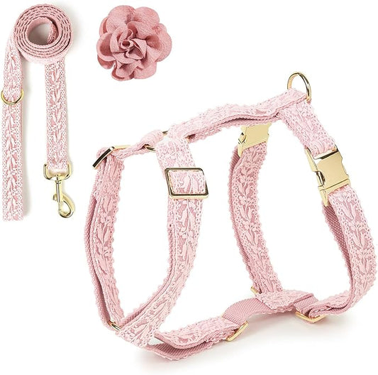 Embroidered Dog Harness and Leash Set for Medium Dogs Adjustable Cotton Lace Handmade 4-5 FT Leash with Bowknot Flower Gift for Female Dog M