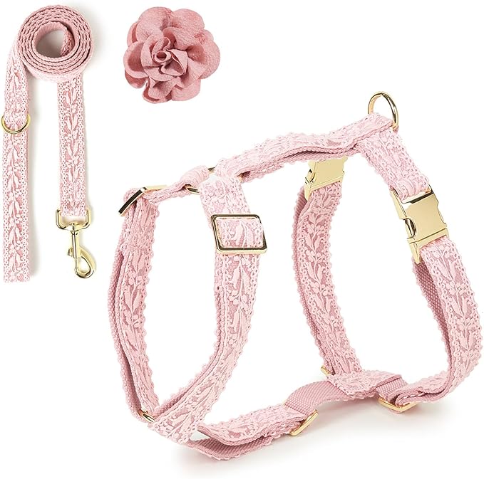 Dog Harness and Leash Set for Small Dogs Girl Soft Comfortable Unique Pet Halter Harness with Metal Buckle for Wedding Birthday Outfit S