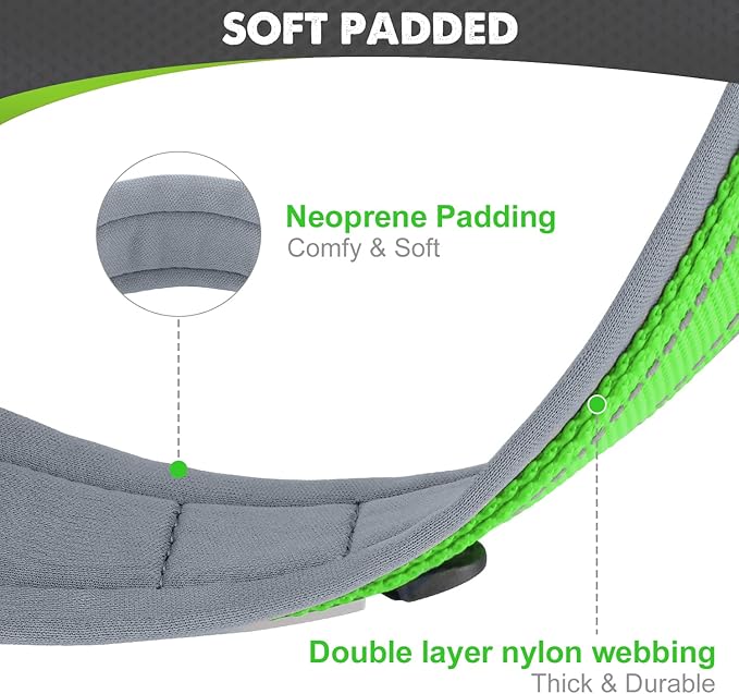 Joytale Dog Collar for Small Dogs, Neoprene Padded and Adjustable, Reflective Wide Heavy Duty Pet Collars with Durable Metal Belt Buckle for Walking, Green, S