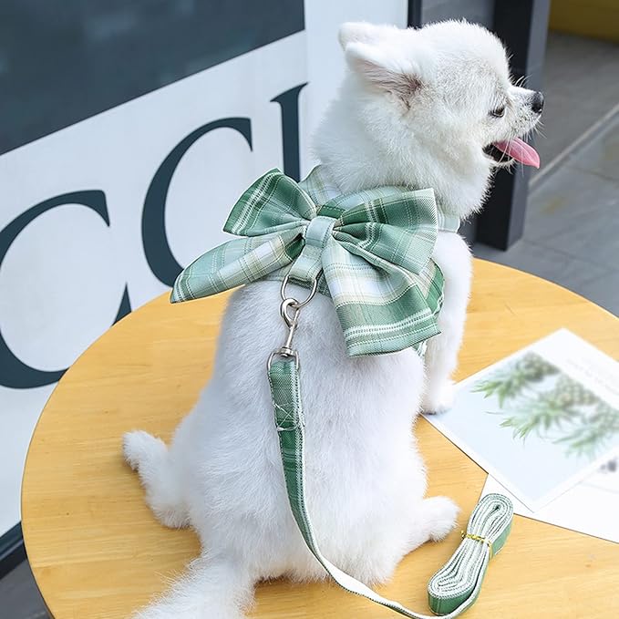 Dog Harness and Leash Set, Cute Bow Tie Plaid Harnesses for Puppy Cat, Adjustable Pet Kitties Vest, Breathable Harness Traction Rope for Boy Girl Small Animal(Harness Green,M for 5.5-8.8lbs Dog)