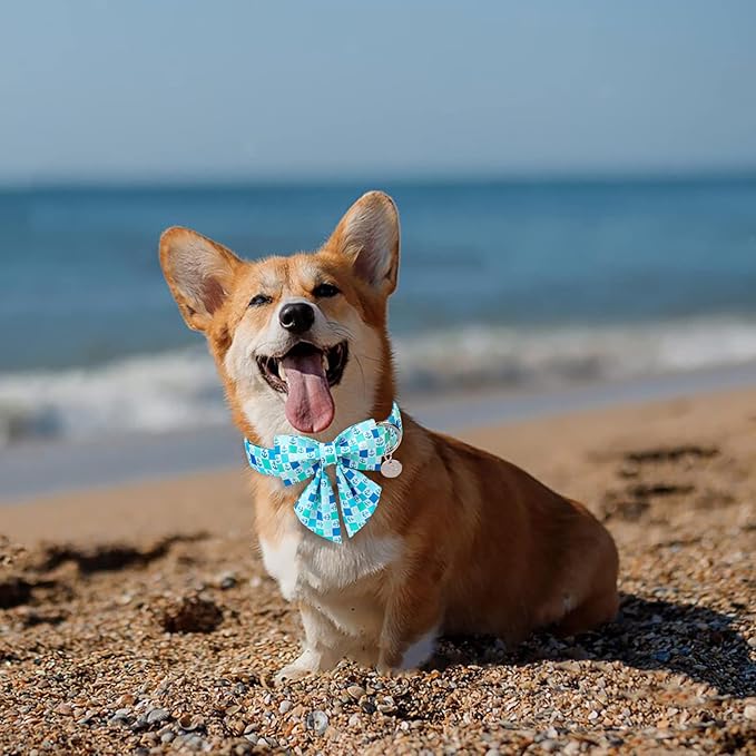 Summer Dog Collar with Bow Tie, Comfortable Cotton Dog Bowtie Collar, Cute Dog Collar for Puppy Girl Boy Dog or Cat, Holiday Blue Pet Collar with Durable Metal Buckle, XS