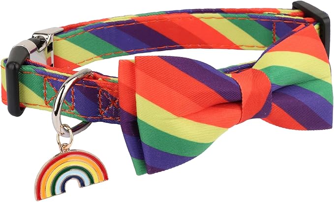 ADOGGYGO Rainbow Dog Collar with Bowtie, Adjustable Striped Pet Bow Collar, LGBT Pride Rainbow Collars for Small Medium Large Dogs Pets (Medium)