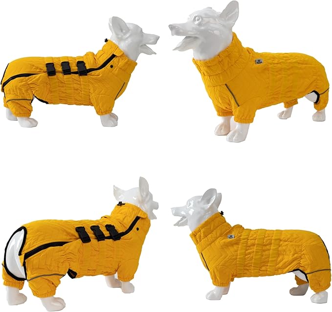 Lovelonglong Warm Dog Coat Double Layers Dog Vest, 4 Legs Covered Windproof Waterproof Reflective Warm Dog Vest Outdoor Skating Dog Costume for Corgis Dachshund Dog Yellow D-M