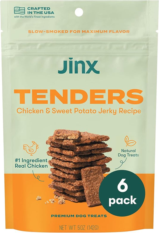 Jinx Tenders Chicken Jerky Dog Treats, All Natural Ingredients, Soft & Chewy, Low-Calorie, Slow-Smoked Chicken & Sweet Potato, No Fillers, 5oz, 6 Pack