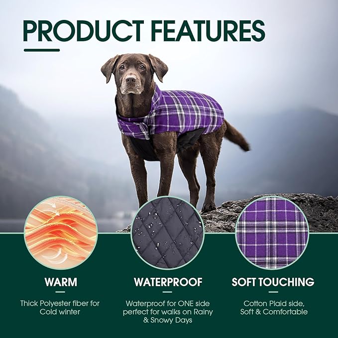 Kuoser Waterproof Dog Coat, Reversible Dog Jacket for Small Dogs, Adjustable Durable Doggie Winter Coat Warm Cozy Puppy Cold Weather Apparel from Small to Large Breed, Purple S