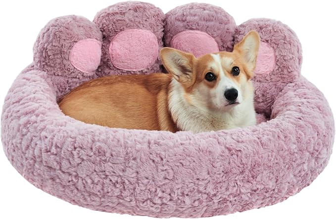 Jiupety Paw Shape Calming Pet Bed, Medium Plush Faux Fur Donut Bed for Dogs & Cats, Machine Washable, Non-Slip Bottom, Extra Large Size (32"×32"×10"), Purple