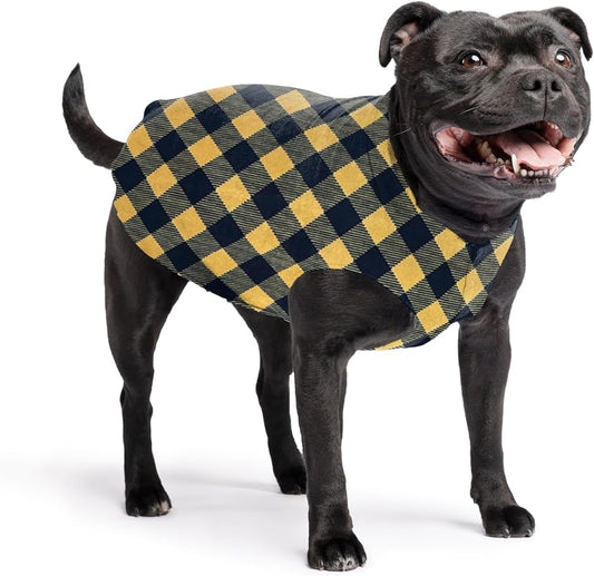 Stretch Fleece Dog Coat, Stretchy Pet Sweater, Machine Washable Pullover for Winter and Fall, Gold Buffalo Check, 16