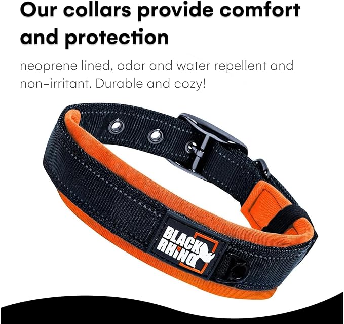 Black Rhino Dog Collar for Large Dogs - Adjustable Reflective Heavy Duty Dog Collars with Ultra-Soft Neoprene Padding - Weatherproof, Durable, and Comfortable for Active Dogs - Orange and Black