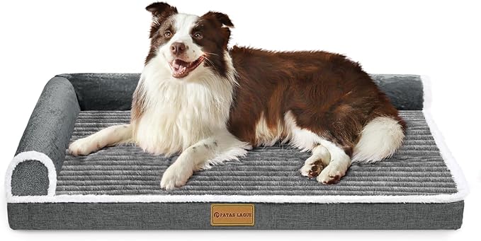 Patas Lague Orthopedic XXL Dog Bed for Extra Large Dogs 48''X30'', Waterproof Comfortable L Shaped Big Large Non-Slip Soft Warm Pet Sofa Sleep Bed mat with Removable Washable Cover, Grey