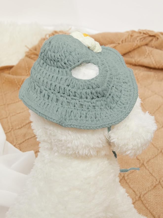 QWINEE Cartoon Flower Design Knit Cute Dog Hat Soft Cat Hat Rabbit Hat Halloween Christmas Party Costume Head Wear Accessories for Puppy Cat Kitten Small Dogs Small Animals Solid Blue M