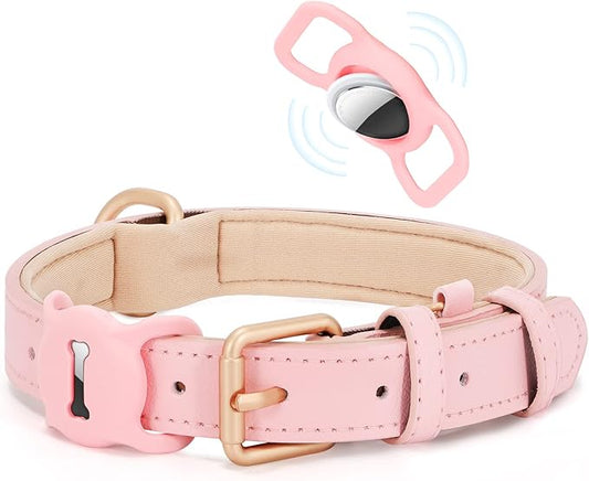 WHIPPY Airtag Leather Dog Collar GPS Tracker Air Tag Puppy Collar Adjustable Soft Leather Padded Dog Collar with Airtag Holder Case for Small Medium Large Dog Pet Backpack,Pink,XS