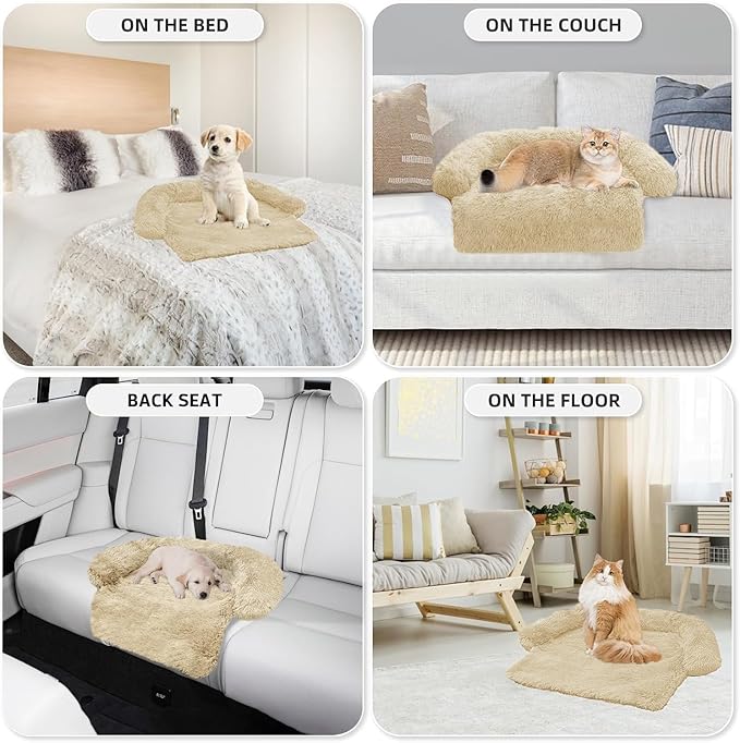 Calming Dog Bed Fluffy Plush Dog Mat for Furniture Protector with Removable Washable Cover for Large Medium Small Dogs and Cats (XS (31"x23.5"x5"), Beige)
