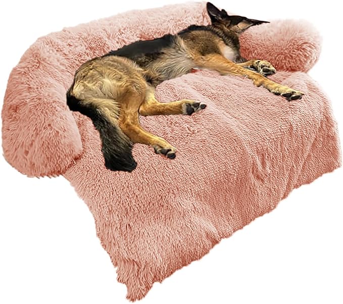 Calming Dog Bed Fluffy Plush Dog Mat for Furniture Protector with Removable Washable Cover for Large Medium Small Dogs and Cats (Large, Pink)