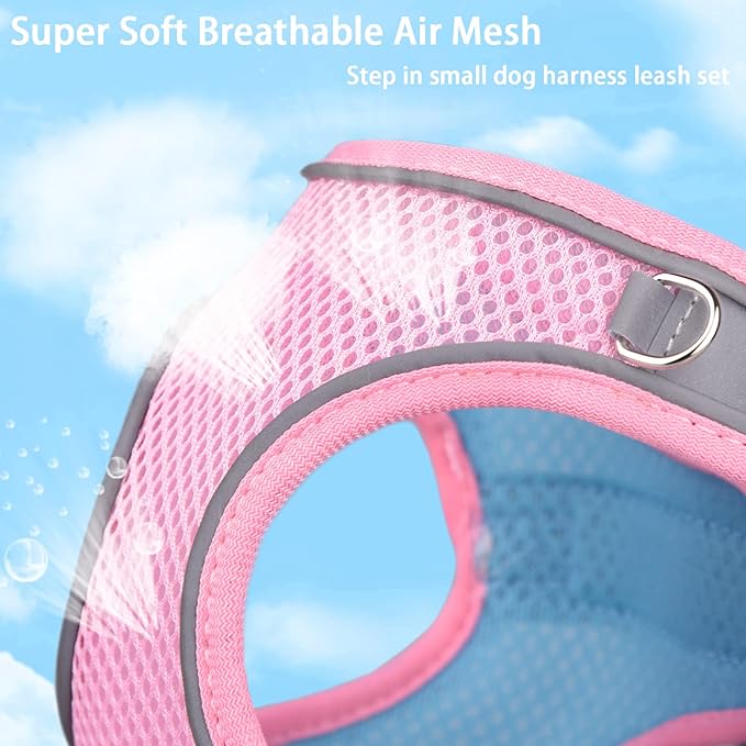 Soft Small Dog Harness and Leash Set Mesh Puppy Harnesses Leash Easy Walk Dog Harness Vest Adjustable Reflective No Pull Dog Harnesses for Small Dogs Cats (Pink Blue,XS)