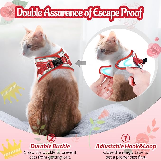 Cat Harness and Leash Escape Proof for Walking, Adjustable Soft Kitten Harness with Reflective Straps Step in Cat Vest Harness for Small Kitten and XS Dogs (Red, S-Chest(11.8"-13.7"))