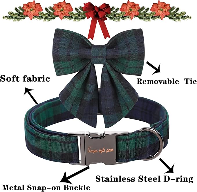 Unique style paws Christmas Dog Collar with Bow Tie Green Plaid Puppy Collar for Small Medium Large Dogs as Autumn Winter Pet Gifts-L