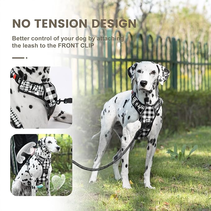 FURRYFECTION Plaid Dog Harness for Large Dogs | No Pull Reflective Pet Harness | No Choke Adjustable Dog Vest Harnesses | with Leash | Easy Control Handle | Front Lead | Seat Belt | Black&White | L
