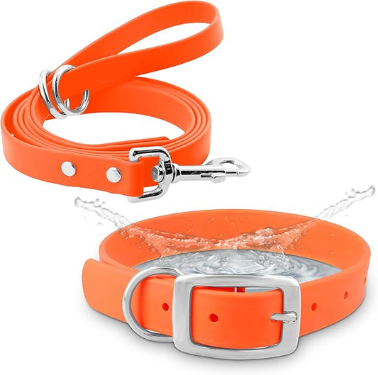 Regal Dog Products Small Orange Waterproof Dog Collar and Leash Set | Heavy Duty Double Buckle & D Ring - 5'ft Leash | Adjustable Biothane Dog Collar | Chew Resistant Waterproof Collar for Dogs