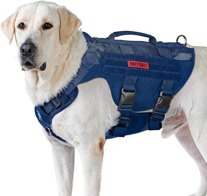 OneTigris Tactical Dog Harness for Small Medium Large Dog, Mesh Design Service Dog Vest Breathable Military Dog Molle Vests with Handles, Harness for Walking Hiking Training (Blue, XL)