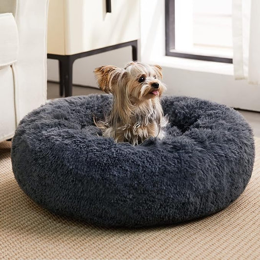 WNPETHOME Calming Dog Bed for Large Dogs, Anti-Anxiety Donut Dog Bed, 36"L x 36"W x 10"Th, Navy Grey, Faux Fur