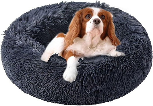 Dog Calming Beds for Small Medium Large Dogs - Round Donut Washable Puppy Dog Bed, Anti-Slip Faux Fur Fluffy Donut Cuddle Anxiety Cat Pet Bed(20" Dark Grey)