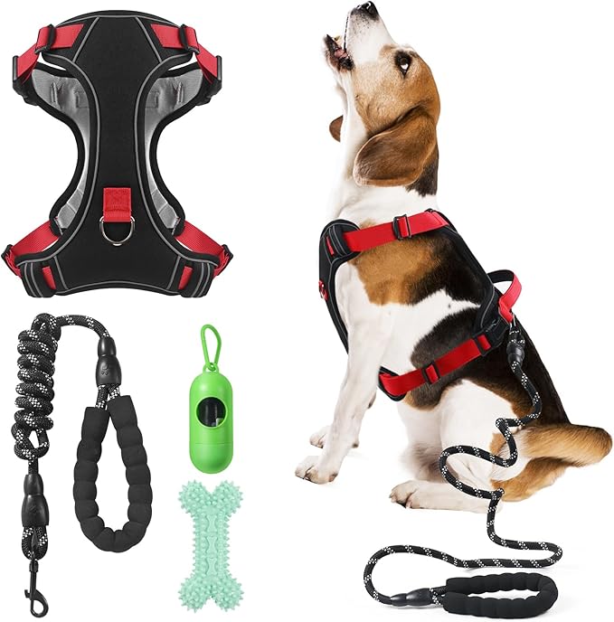 Dog Harness Adjustable Reflective Easy Control for Medium/Large Dog Harness with A Free Heavy Duty 5ft Dog Leash (L (Neck: 18,5"-25", Chest: 21"-27.9")(red, Large)
