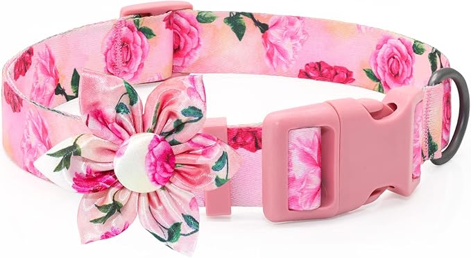 Floral Girl Pink Dog Collar with Rose Flower Bow Tie for Cute Female Cats & Dogs - Small to Large Sizes