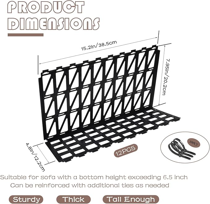 12 Pcs Under Couch Blocker for Bed Adjustable Furniture Plastic Under Bed Blocker with 30 Ties Black Couch Barriers for Dogs Pets Cats (Style 2)
